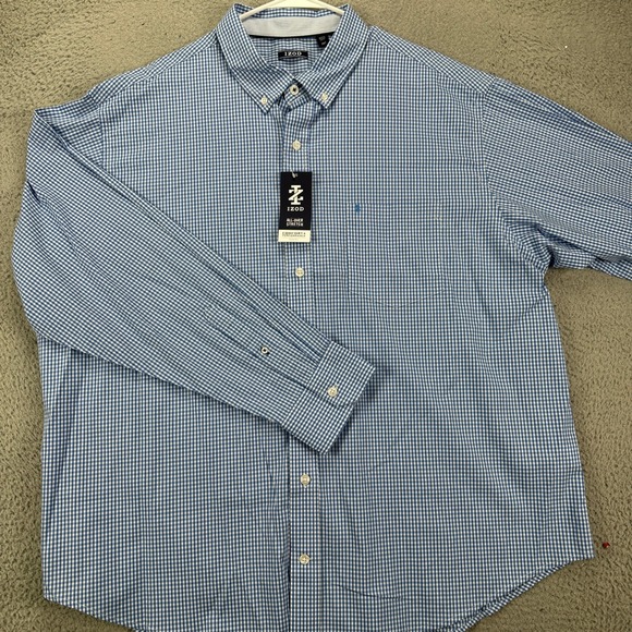 Izod Men Button Down Shirt 2XLT Big Tall Blue White Check Long Sleeve Pocket NEW